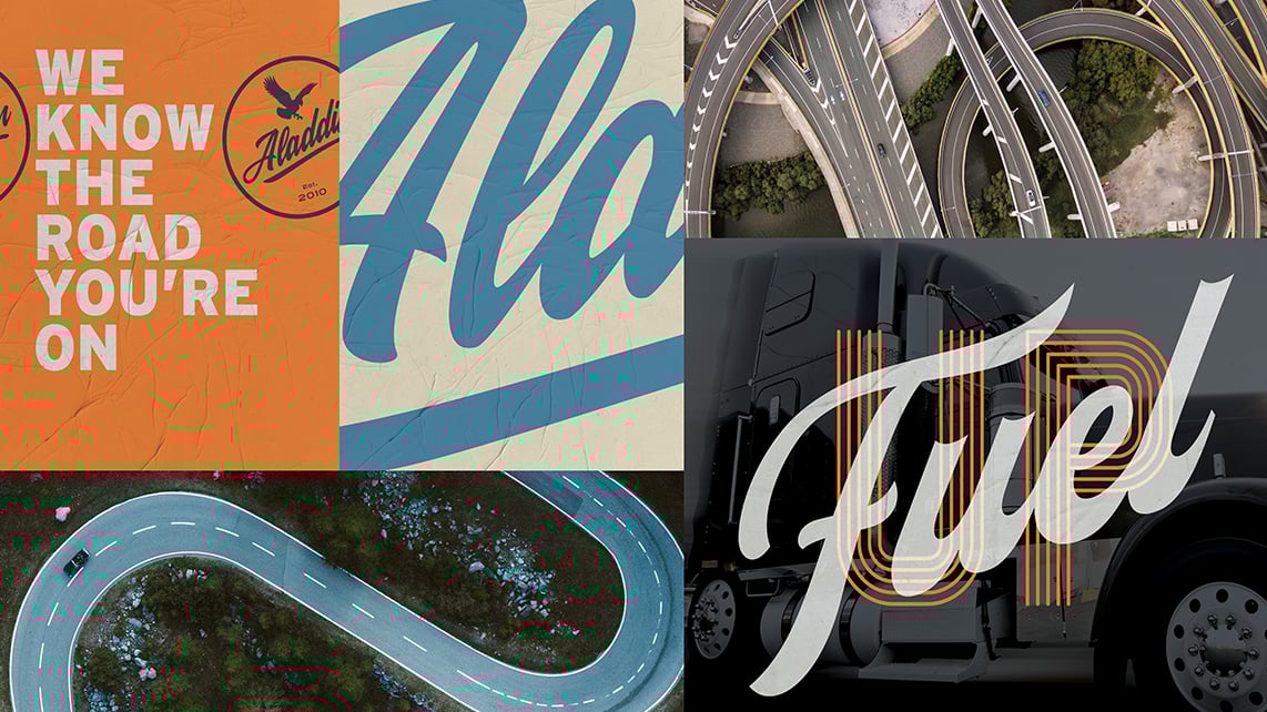 Collage of images of the Aladdin logo and overhead images of curving highways. Collage of images of the Aladdin logo and overhead images of curving highways.