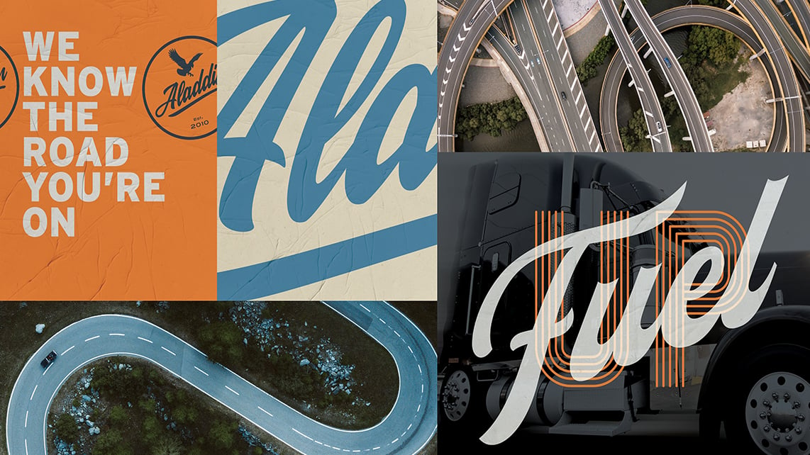 Collage of images of the Aladdin logo and overhead images of curving highways.